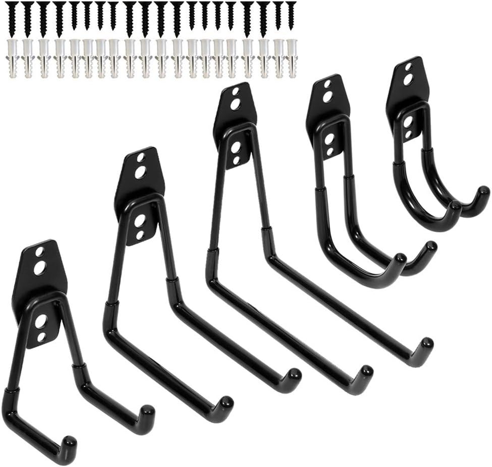 Garage Extended Wall Mount Tool Holder Utility Double Hooks,Heavy Duty Iron and PVC,For Home Garden Storage Organizer (5 Set Black Muti-Size U Hook)