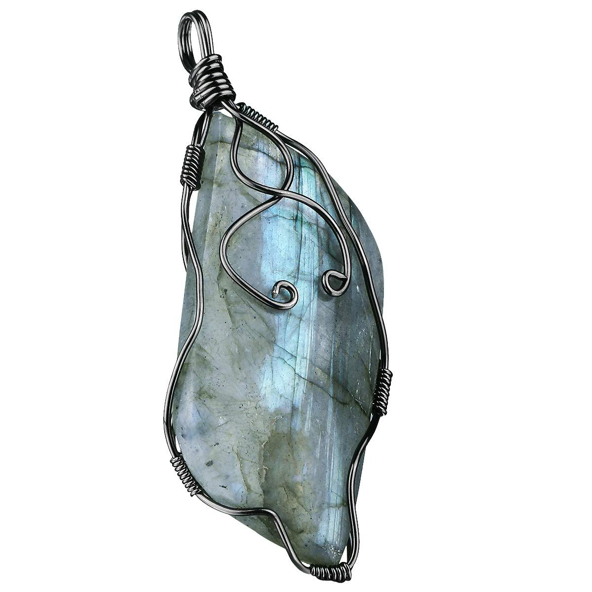 mookaitedecor Natural Labradorite Crystal Pendant Necklace Jewellery Gift for Women Men, Healing Crystal Semi Precious Stone Gemstone Necklace Wire Wrapped Boho Necklace