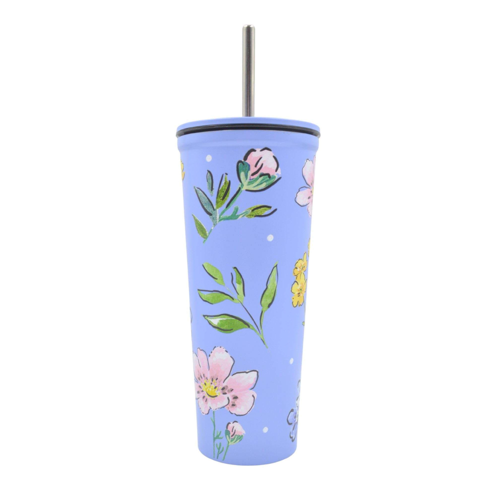 Hox Double Wall Stainless Steel 600ml | Eco Friendly BPA-Free Plastic School Water Sipper with Removable Straw | Gift for Kids & Show Fans | Cartoon Floral Blue