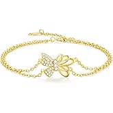 Butterfly Heart Bracelets for Women 925 Sterling Silver Link Bracelet 18K Gold Plated with Cubic Zirconia Jewelry Christmas Mother Birthday Gifts for Women (Gold-Butterfly01) (Gold-Butterfly01)