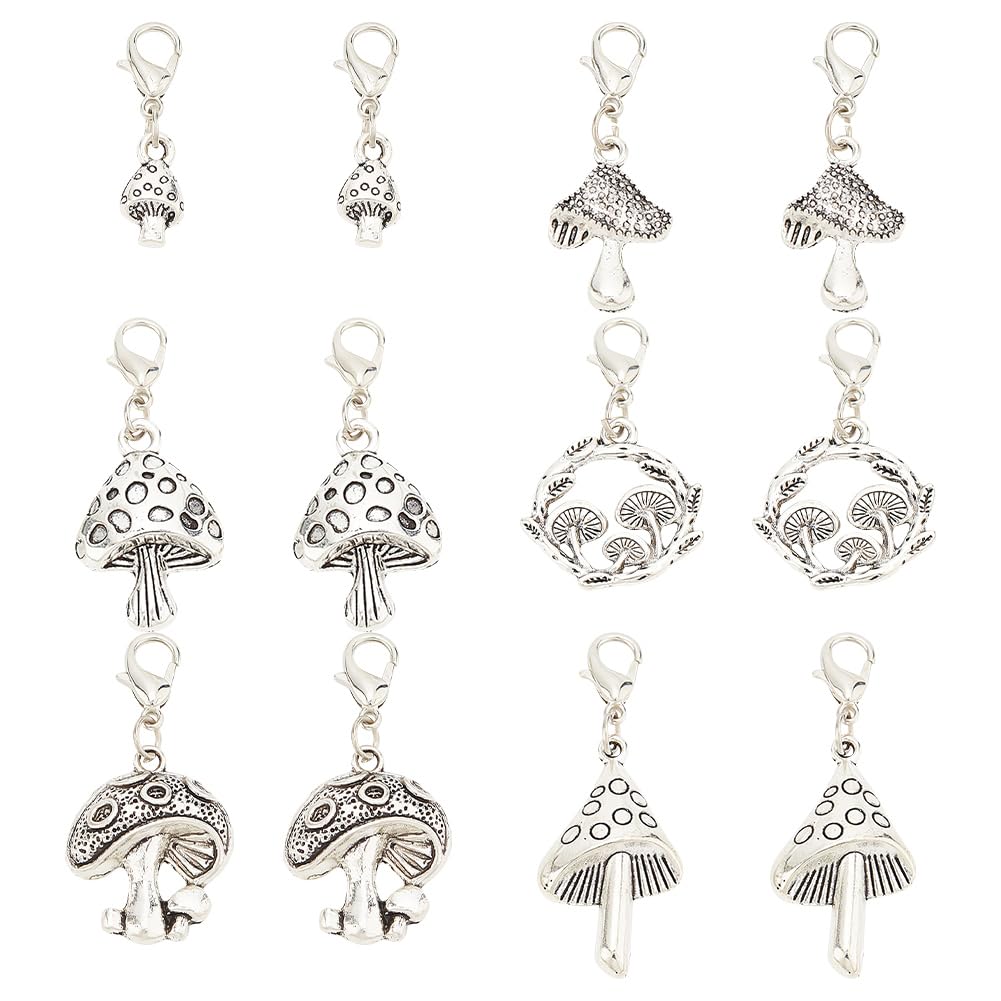 GOMAKERER 30 Pcs 6 Styles Mushroom Zipper Pull Charms, Tibetan Style Alloy Zipper Pendant Antique Silver Platinum Pull Zipper Pull Decoration Replacement Zipper Pull Tab for Bag Luggage