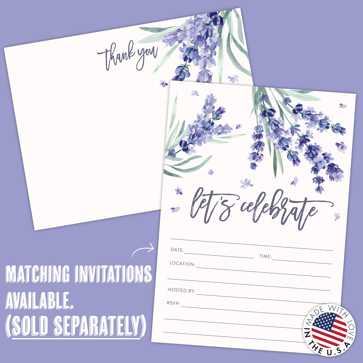 Koko Paper Co Lavender Thank You Cards | 25 Flat Cards and Envelopes | Printed on Heavy Card Stock.