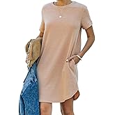 YEXIPO Women's Casual Summer Short Sleeve T Shirt Dress Nightgown Crew Neck Loose Solid Color Basic Dresses with Pockets