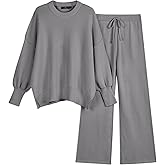 LILLUSORY Women 2 Piece Outfits Sweatsuit Oversized Knit Pullover Sweater Tops Wide Leg Pants Lounge Set
