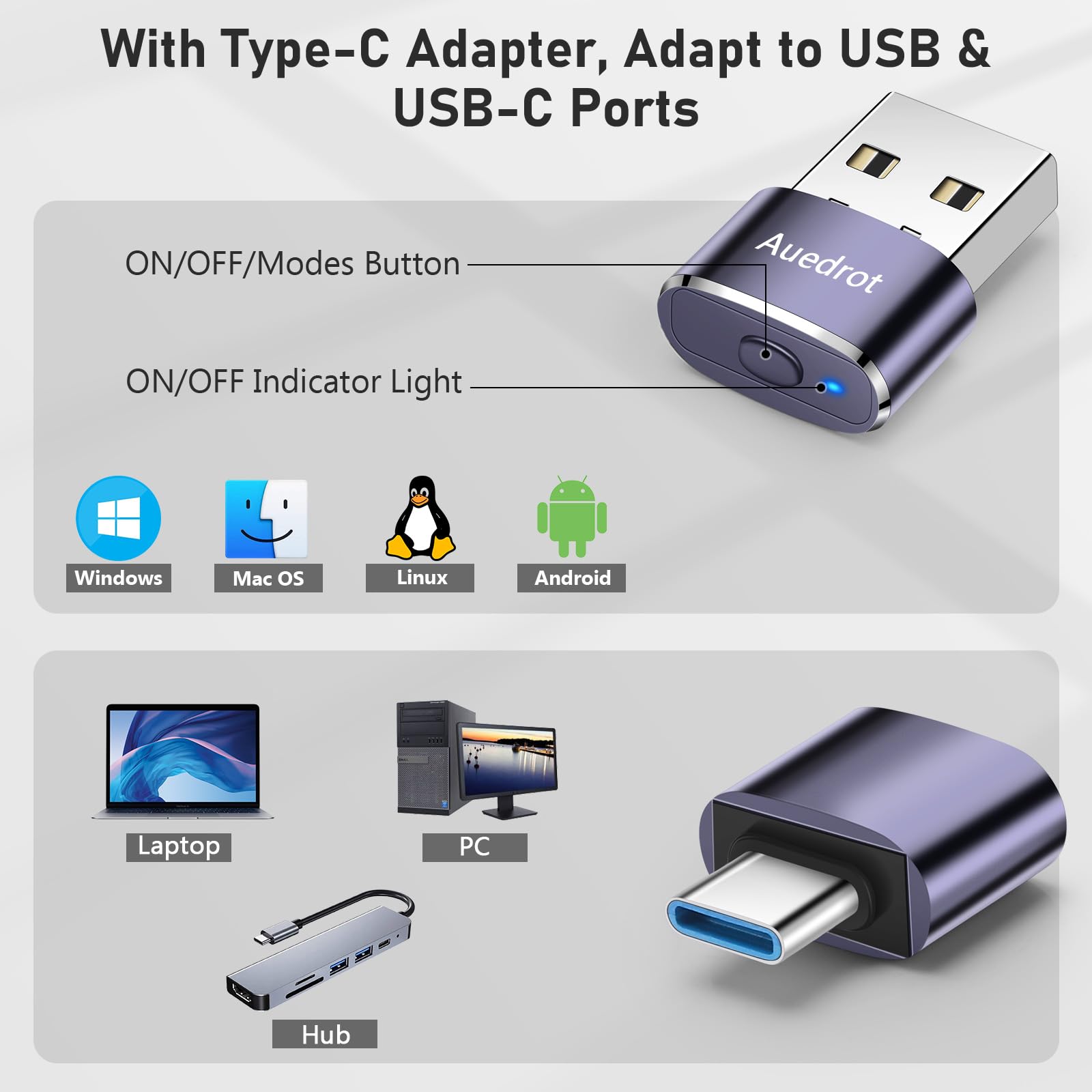 Mouse Jiggler Undetectable Metal USB Mouse Mover with Switch Button, Automatic Mini Mouse Shaker with 2 Jiggle Modes, Driver-Free, Plug & Play, Keep Computer/Laptop Awake, with USB-C Adapter, Purple