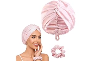 Adjustable Silk Satin Bonnet for Sleeping, Hair Wraps Set Scrunchie, Soft Sleep Cap for Women Ladies Night Hair Protection