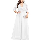 ZOMVA Plus Size Foraml Maxi Dress Deep V-Neck 3/4 Sleeve Lace Chiffon Wedding Dresses Cocktail Party Prom Evening Gown