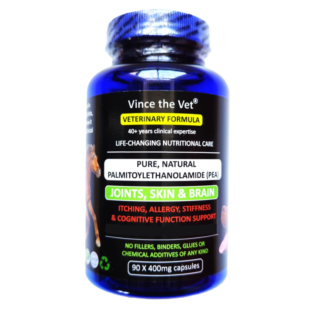 Vince the Vet - Pure & Natural Joint, Skin & Brain Support Capsules for Dogs, Cats & Horses (90 x 400mg), Optimum Potency Palmitoylethanolamide (PEA), for Itching, Allergy & Stiffness