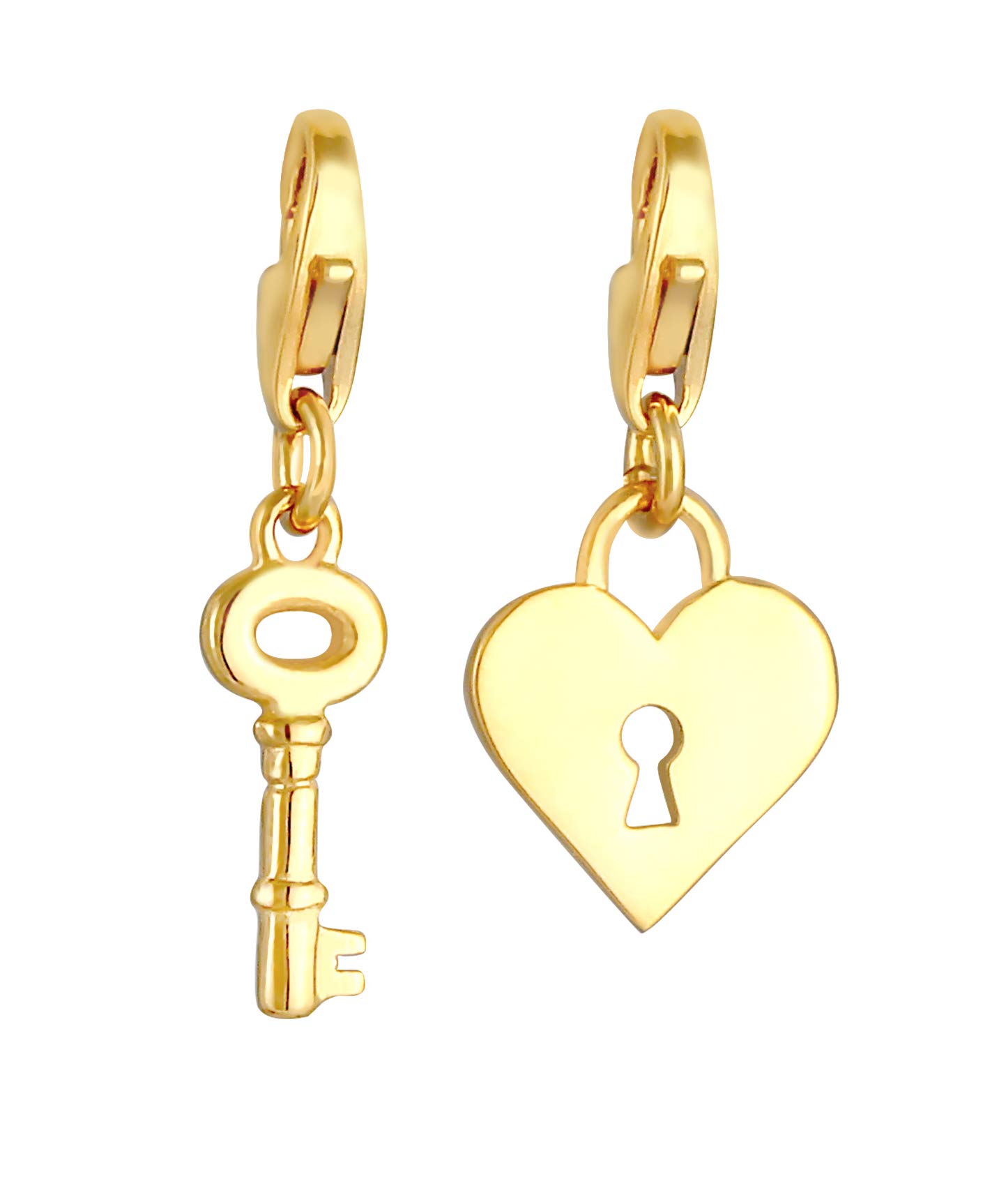 Key and Lock Charm Pendant 925 Sterling Silver Gold-Plated for Women, Charms Pendant Set Golden with Heart Element in the Sign of Love, Fits All Standard Charm Bracelets and Charm Bracelets