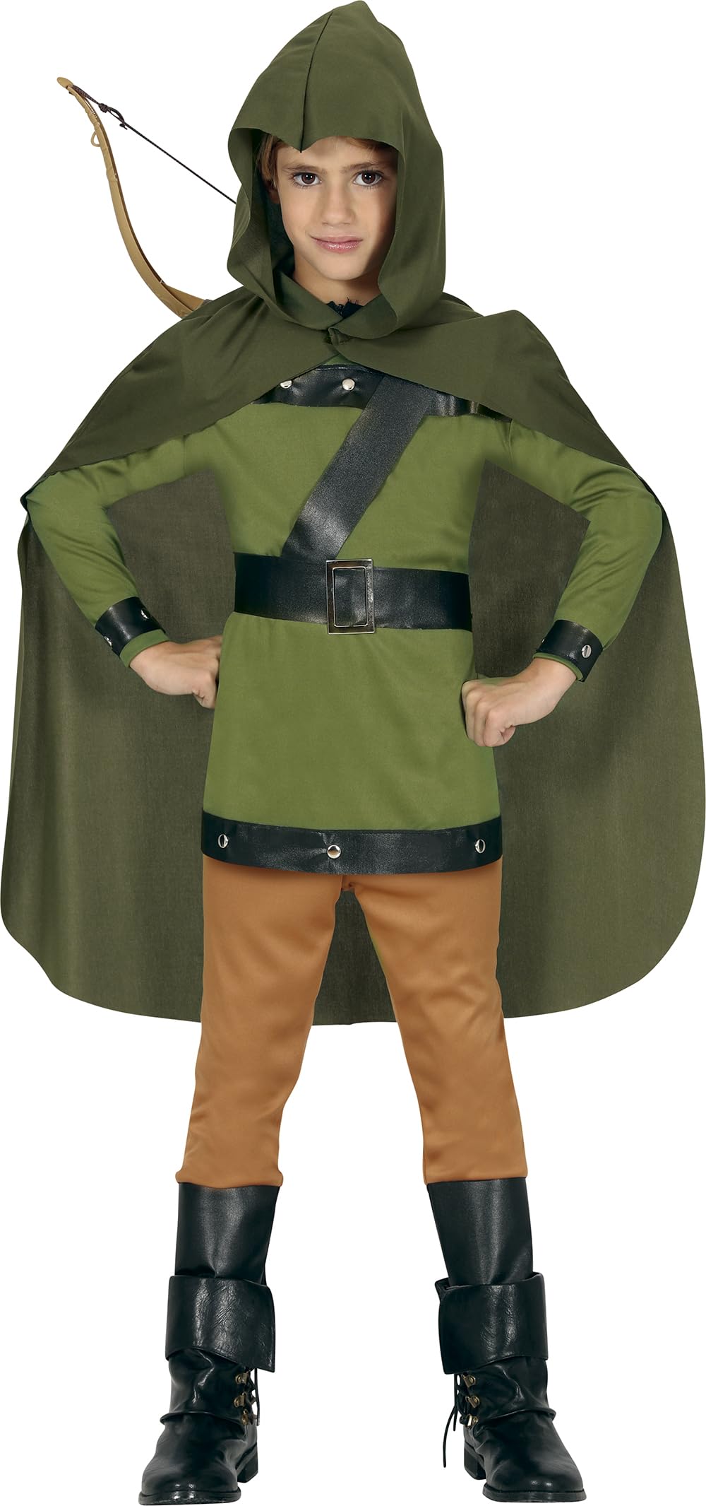 FIESTAS GUIRCA | Archer Fancy Dress Costume Children (7-9 Years) - T-Shirt, Cape, Hood, Wristband and Trousers - Medieval Costumes for Carnival and Halloween - Ideal for Kids - Green and Brown