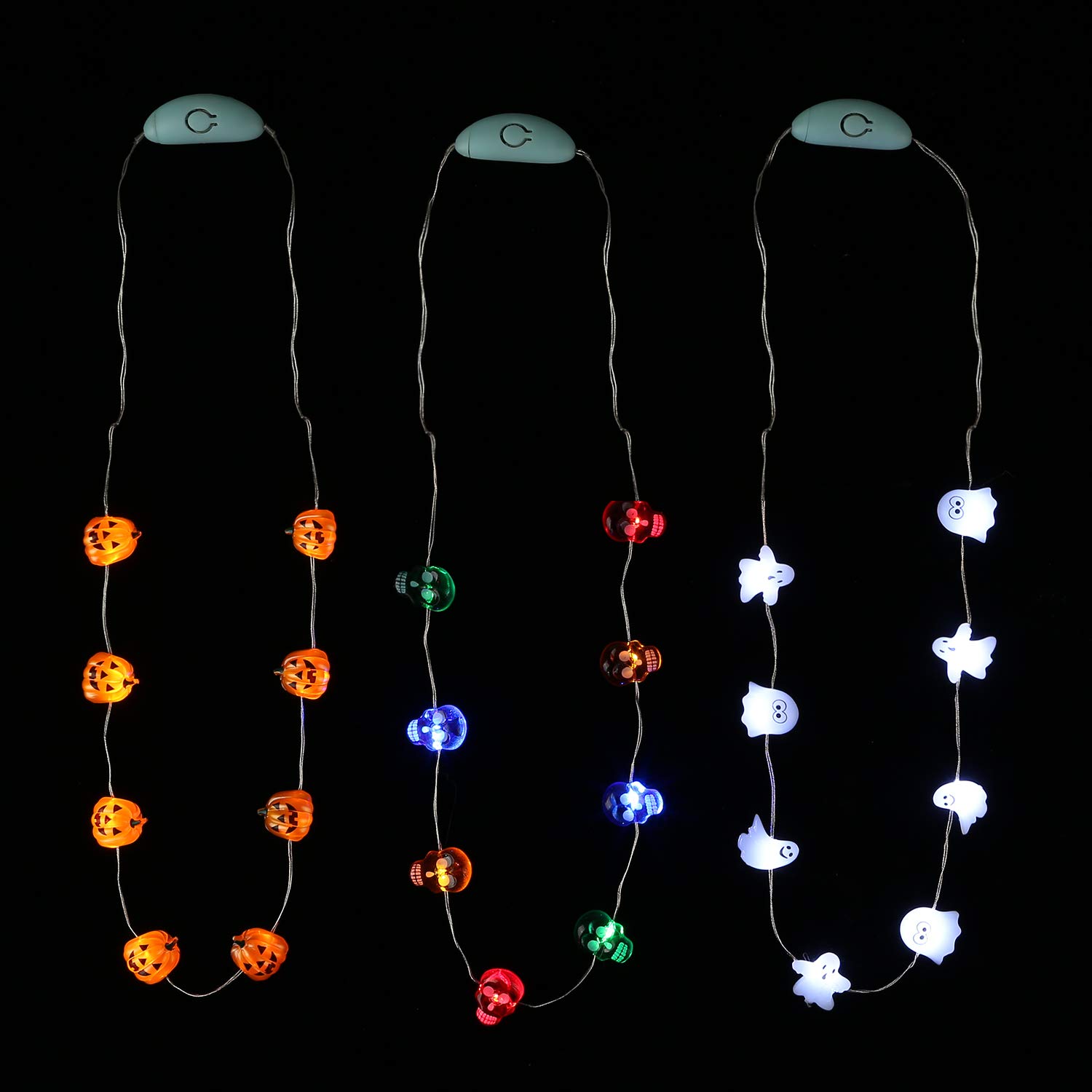 Photo 1 of JASHIKA Halloween Eve Costume Party Accessories, Lighting Up LED Necklace Set of 3, Ghost, Jack O Lantern Pumpkin, Skull for Trick or Treating Door to Door Parade Procession