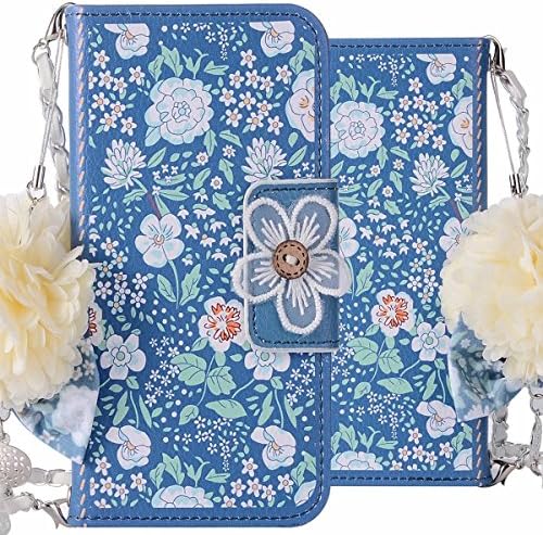 iPhone X Case, ArtMine Jasmine Floral Print PU Leather Pearl Magnetic Lady Wallet Flip Case with 3D Chiffon Flower Ball Pendent Wrist Strap & Card Holder Slots for Apple iPhone X, Blue