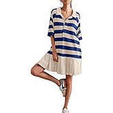 Loafawes Womens Polo Collared Mini Dress 2025 Short Sleeve Striped Pleated Patchwork Flowy A Line Casual T Shirt Dresses