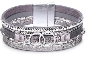 KSQS Multi-layer Leather Wrap Cuff Bracelet, Boho Wide Braided Buckle Bracelets for Women, Waterproof Leather Wristband Bangles