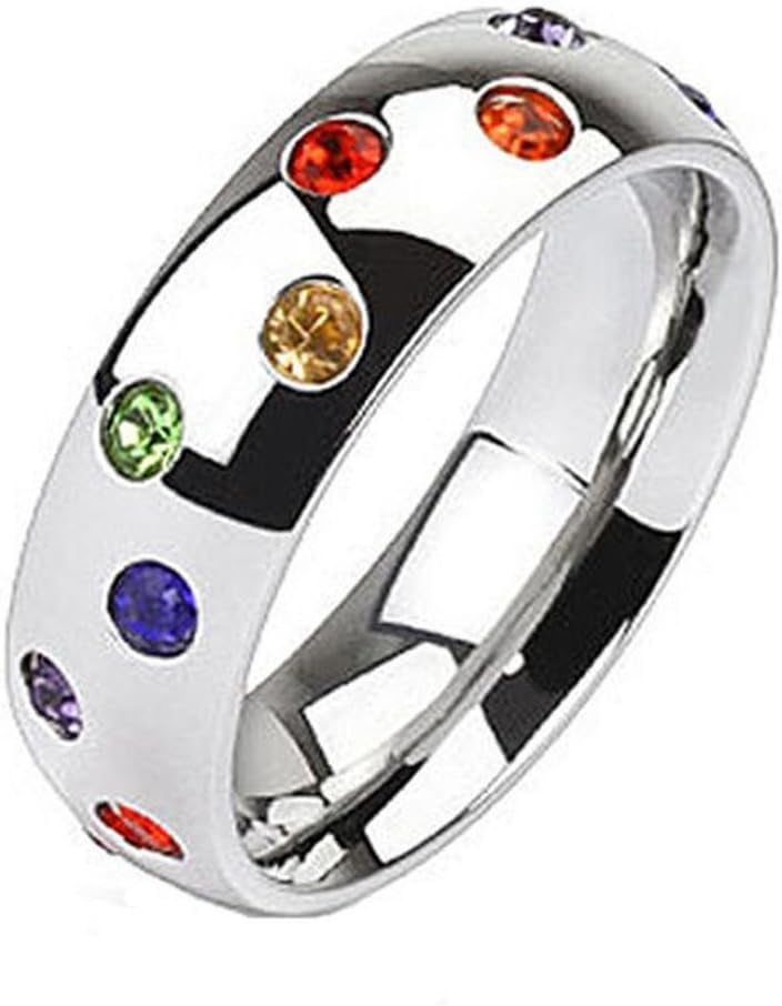 Vooxoo Fashion Design 316L Stainless Steel Dome Band Ring With Multi Rainbow Czs Size 5-13
