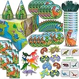 Dinosaur Party Supplies and Favors - 8 Guests- Big and Small Plates, Cups, Napkins, Loot Bags, Table Cover, Cutlery, Loot Bags, Masks, Hats, Mini Toy Dinosaurs, Tattoos - Great for Birthdays