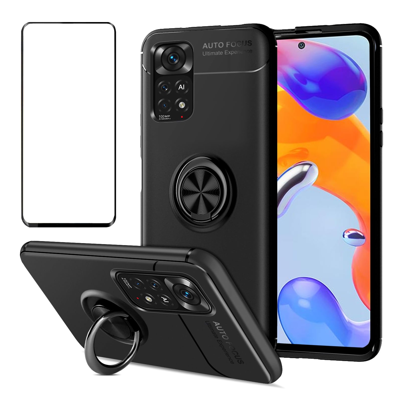 AKABEILA Case Screen Protector for Xiaomi Redmi Note 13 Pro 5G Phone Case Tempered Glass Protective Film Rotate Ring Stand 6.67" Black