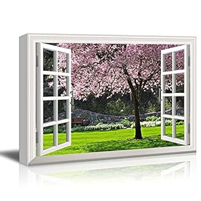 Creative Window View Canvas Prints Wall Art - Cherry Blossom in Spring - 24" x 36"