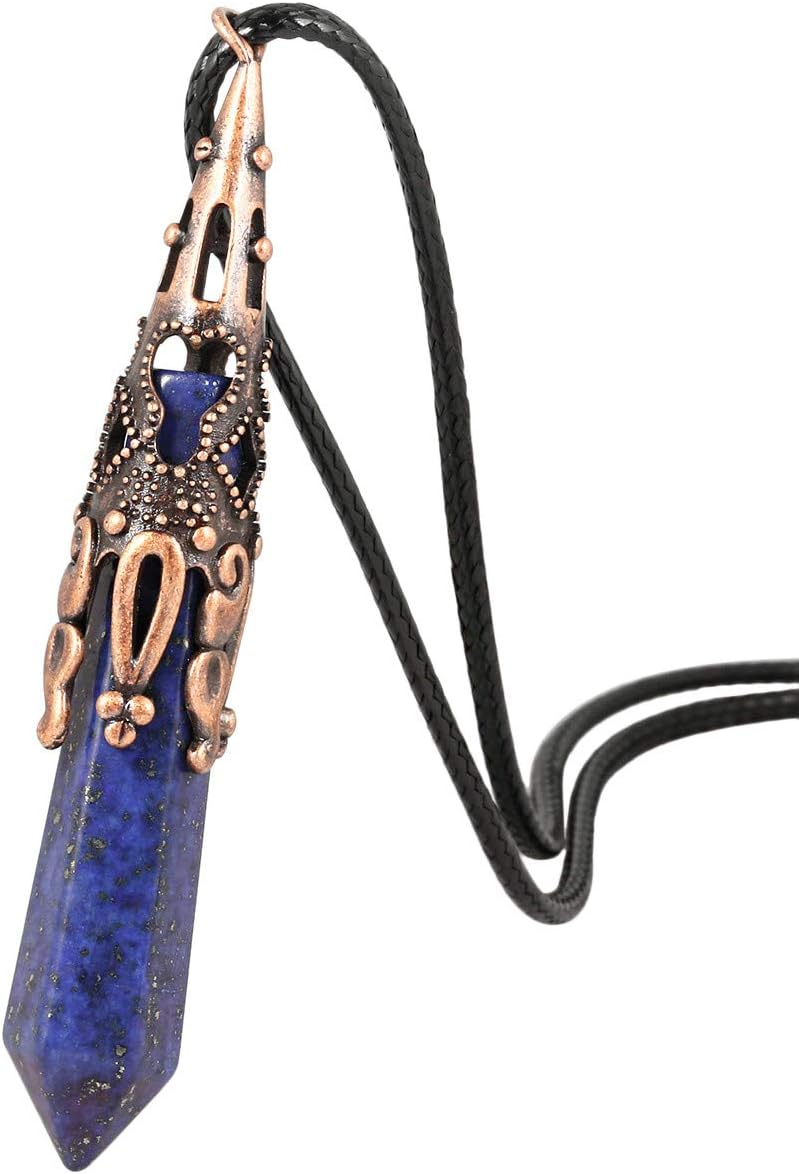 Healing Crystal Point Necklace Copper Plated Hexagonal Prism Pendant with Cord Stone Jewelry Pack of 2