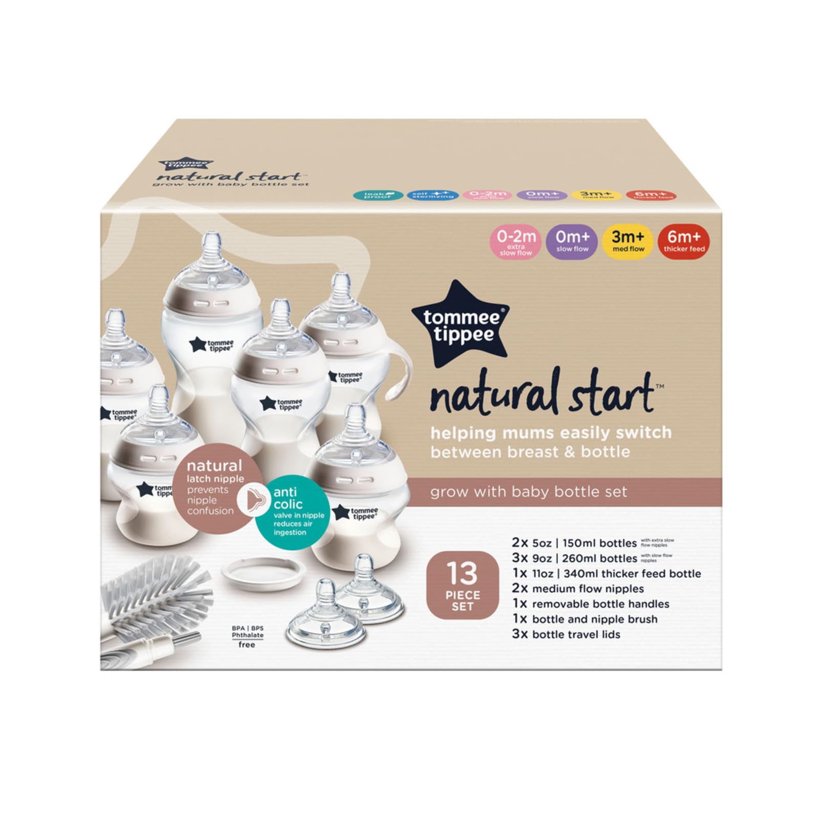 Tommee Tippee Natural Start 12 Piece BPA Free Bottle Set, Includes 2 x 5 oz, 3 x 9 oz, 1 x 11 oz Bottles, Newborn 0+ Months, Slow, Medium & Thicker Flow Breast-Like Nipples, Cleaning Brush, Clear