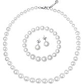 LZMEI Pearl Jewelry Set for Women – 3-Piece Glass Imitation Pearl Necklace, Bracelet & Stud Earrings Set, Faux Jewelry for Weddings, Parties, and Gifts