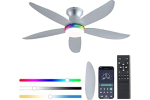 JSAITEE Ceiling Fan with Light, 48" RGB Low Profile Ceiling Fans with Lights and Remote Control, Dimmable, DC Reversible Motor, Noiseless, 6 Speeds Flush Mount Sliver Ceiling Fan for Bedroom