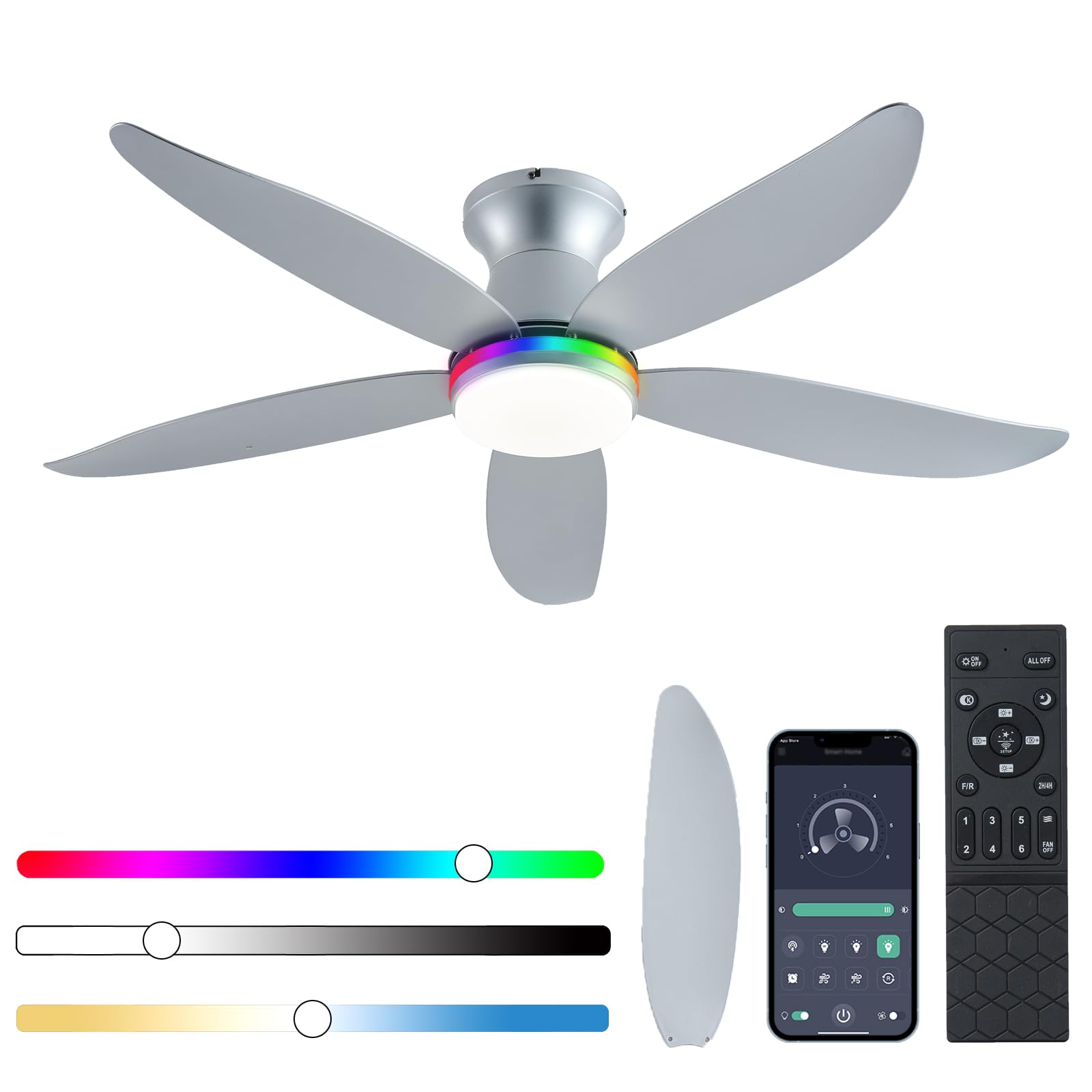 Photo 1 of JSAITEE Ceiling Fan with Light, 48" RGB Low Profile Ceiling Fans with Lights and Remote Control, Dimmable, DC Reversible Motor, Noiseless, 6 Speeds Flush Mount Sliver Ceiling Fan for Bedroom