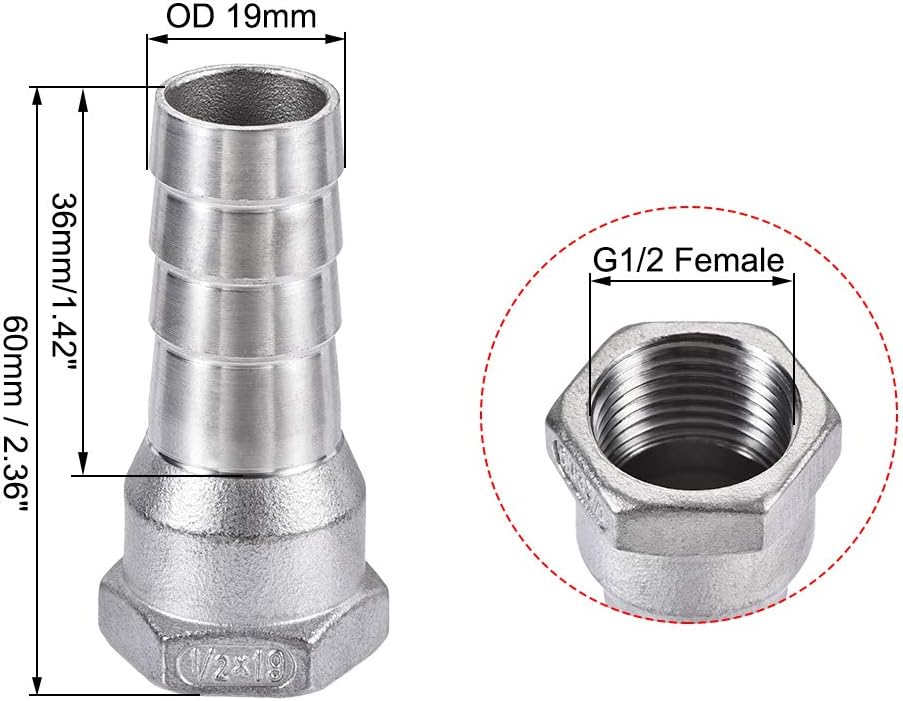 sourcing map 304 Stainless Steel Hose Barb Fitting Coupler, 19mm Barb x G1/2 Female Thread Pipe Adapter, 2Pcs - Image 3