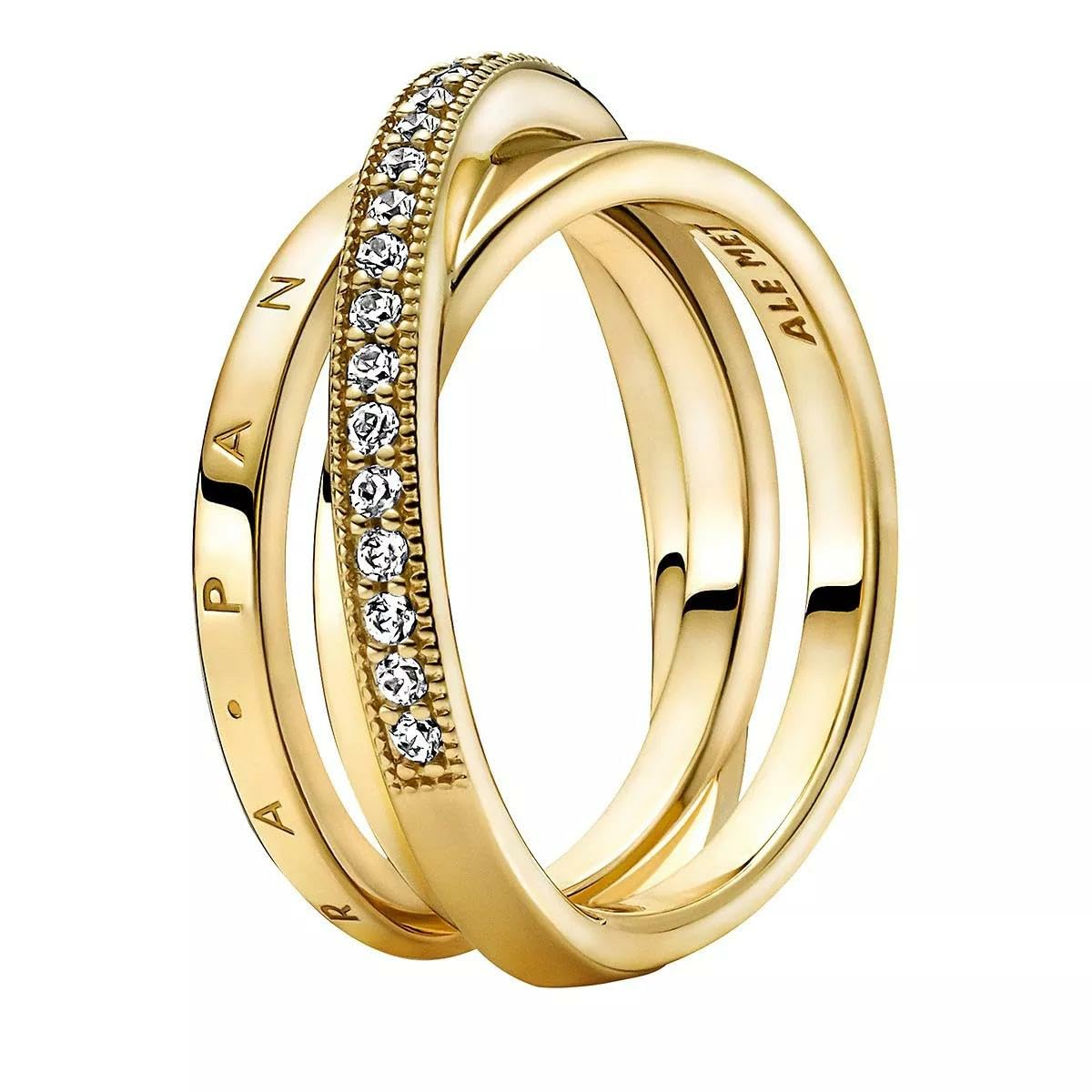Pandora Signature Crossover Pavé Triple Band 14k gold-plated ring with clear cubic zirconia, 58