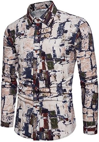 LEFTGU Men's Printed Long Sleeve Slim Fit Button-Down Multicolored Linen Casual Shirts