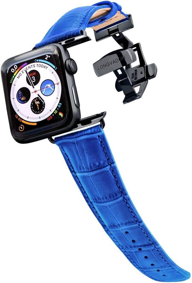 Longvadon Men's Caiman Series Watch Band - Compatible with Apple Watch 42MM (Series 1-3) & 44MM (Series 4-6) - Genuine Top Grain Leather - Mediterranean Blue with Black Details - XL Size