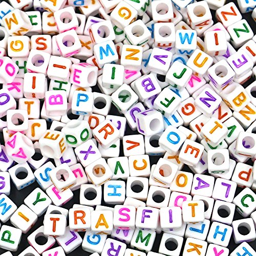 Trasfit 600 Pieces 6mm White Colorful Acrylic Alphabet Letter A-Z Cube Beads for jewelry making, Bracelets, Necklaces, Key Chains and Kids Jewelry