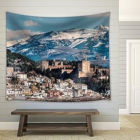 Winter View of Famous Alhambra in Front of Sierra Nevada Mountains Topped with Show - Fabric Wall Tapestry Home Decor - 51x60 inches