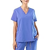 Bovchies Scrub Tops for Women, V-Neck Medical Uniform Top with 4 Pockets, Soft Stretch and Durable Scrub Shirt