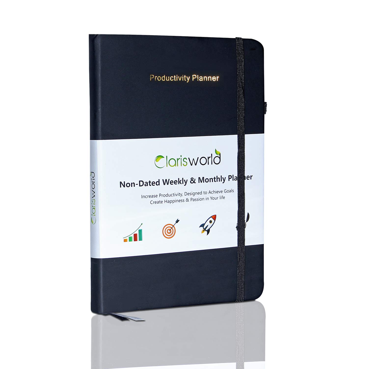 Clarisworld A5 Productivity Planner Weekly, Monthly and Year Planner with Pen Loop, to Achieve Your Goals & Improve Productivity, Thick Paper, Inner Pocket, Undated (Black)