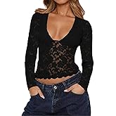 Women Lace Floral Crop Top Long Sleeve Sheer See Through Deep V Neck Tee Shirt Y2k Sexy Going Out Tops