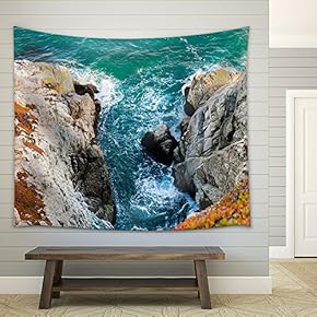 Seashore with Rock Mountain - Fabric Wall Tapestry Home Decor - 51x60 inches