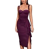 CurvySweet Women's Formal Evening Midi Cocktail Dress Built-in Bra Ruched Sleeveless Slit Ruffle Fall Wedding Guest Dresses