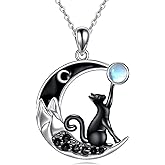 CRMAD Black Cat Necklace for Women Sterling Silver Moonstone Cat Jewelry Irish Gifts