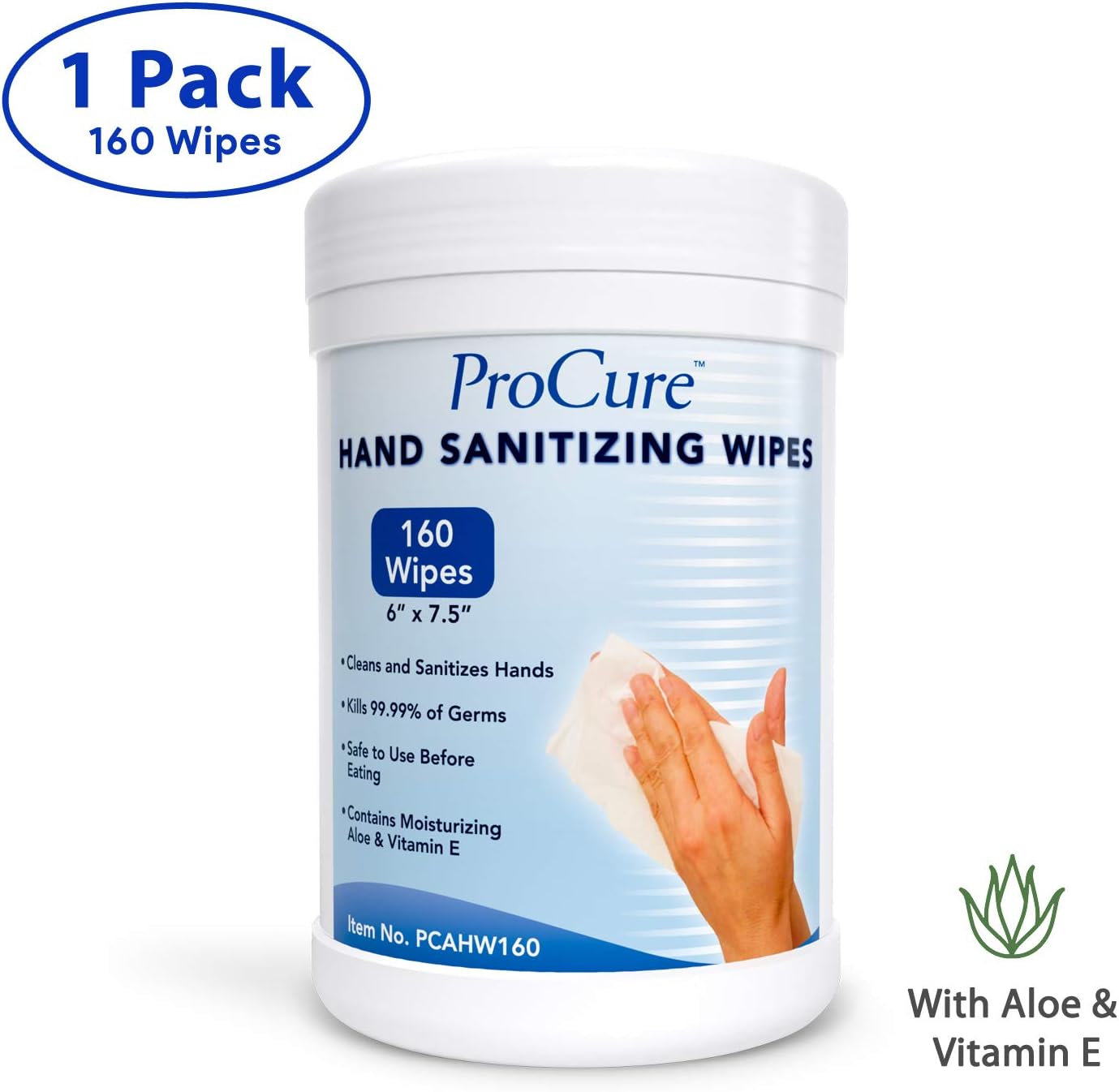 ProCure Hand Sanitizing Wipes Canister – 160 Wipes - Moisturizing Formula with Aloe and Vitamin E - Kills 99.99% of Germs – Safe Before Eating - 5.5" x 7.9" Antiseptic Cleansing Cloths: Health & Personal Care