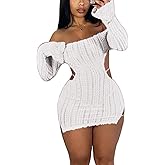 Sexy Off Shoulder Fuzzy Y2K Mini Dress for Women Strappy Backless Long Sleeve Party Club Birthday Dresses Date Night