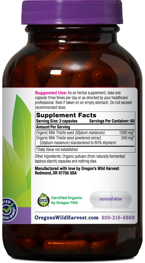 Oregon's Wild Harvest Milk Thistle Organic Non-GMO Herbal Supplement - pullulan (Plant sourced) Vegan Capsules, 180 Count
