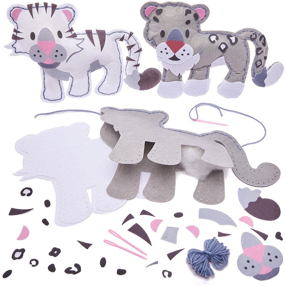 Baker Ross FX357 Snow Leopard and Tiger Cushion Sewing Kits - Pack of 2, Introduction to Sewing and Textiles for Kids, Arts and Crafts for Kids