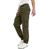 PLEPAN Mens Casual Straight Leg Stretch Cargo Pants Lightweight Relaxed Fit Drawstring Elastic Waist Pants with Multi Pockets