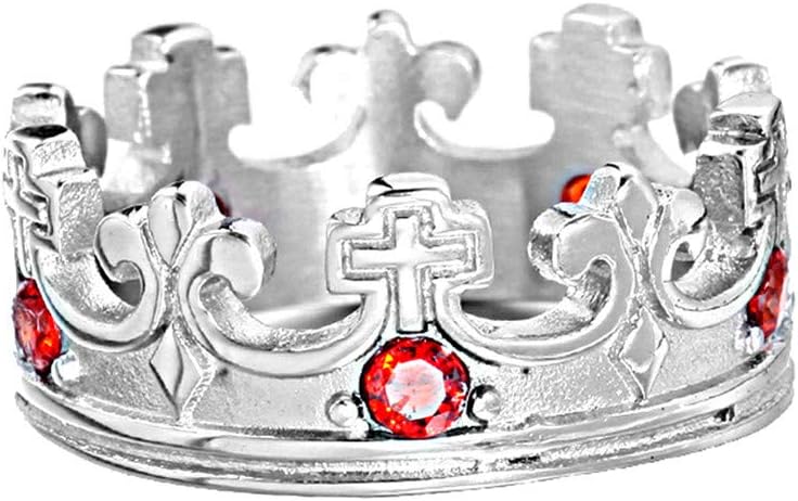 Oakky Men's Women's Stainless Steel Retro Royal King Crown Red Gemstone Inlaid Domineering Ring