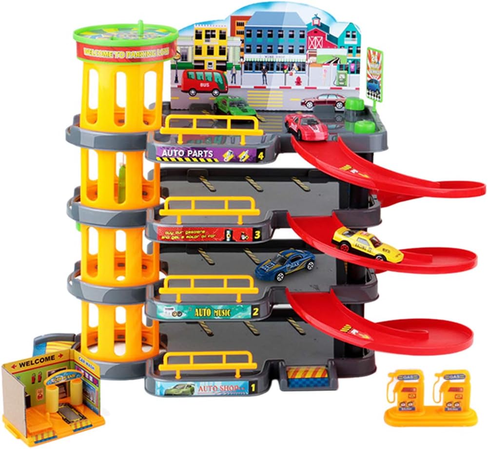 OVERWELL Kids Parking Garage set , Large Multilayer 3D Garage with 4 Alloy Cars and Stickers for Boys and Girls