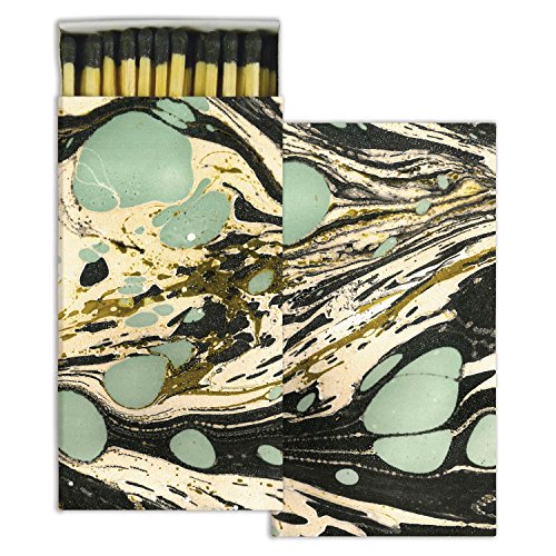 HomArt Large Decorative Aqua Marbleized Paper Candle and Fireplace Wood Matches (Set of 2)