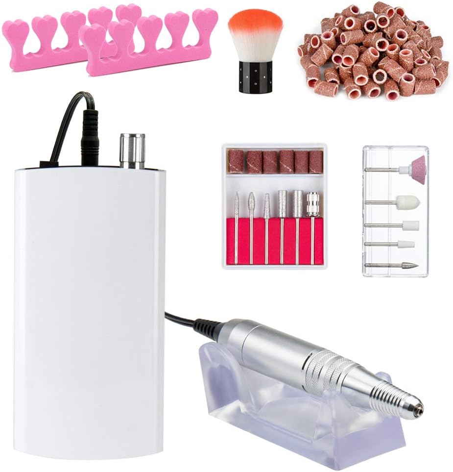 11 in 1 30,000RPM Electric Cordless Nail Drill Machine Set, Rechargeable Portable Nail Efile Drill Professional Grinder Polishing Manicure Pedicure Kit for Acrylic Nails, White
