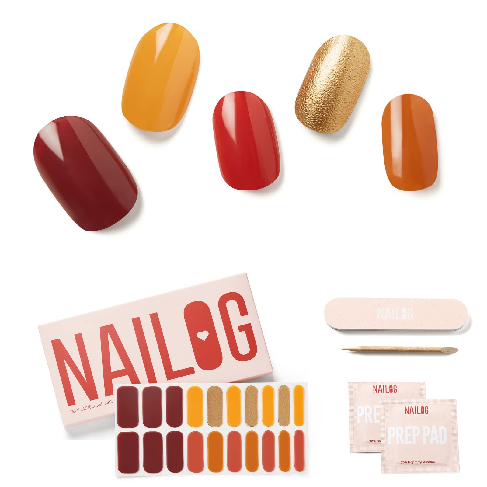 NAILOG Semi Cured Gel Nail Strips, Extra Long Nail Polish Strips (20 Pieces), Long Lasting Semi Cured Nail Stickers with Soft Glossy Gel Finish, Maple Bloom — image 1