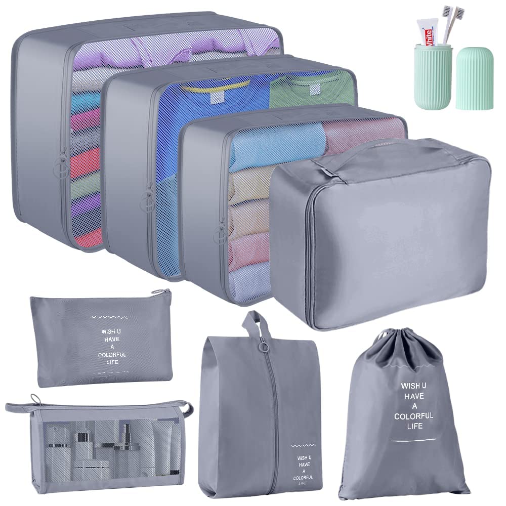Blibly Packing Cubes for Suitcase, 9 PCS Lightweight Travel Luggage Organizers Set, Waterproof Luggage Packing Cubes for Travel Accessories(Grey)